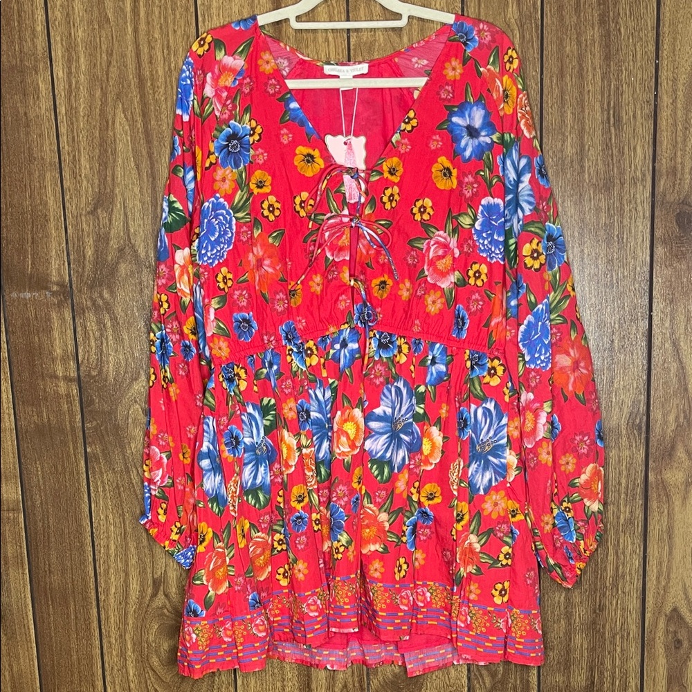 Chelsea & Violet Floral Long Sleeve Dress - Red and Blue